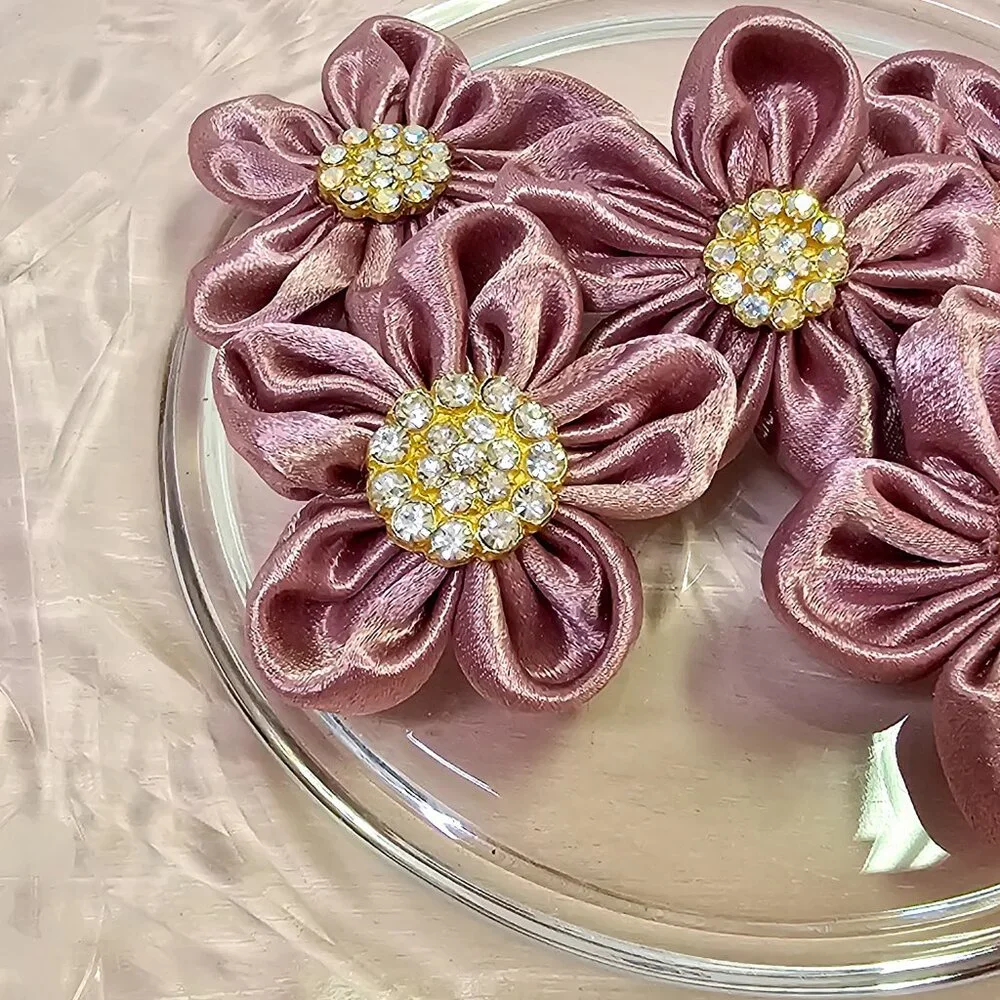 5pc Satin Sparkle Fabric Flower Set with Rhinestone Centers, Dusty Rose